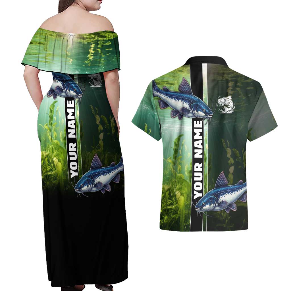 Custom Catfish Fishing Couples Matching Off Shoulder Maxi Dress and Hawaiian Shirt with Underwater River Scene and Green Aquatic Pattern - Wonder Print Shop