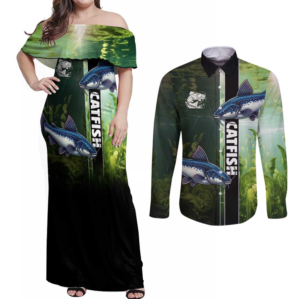 Custom Catfish Fishing Couples Matching Off Shoulder Maxi Dress and Long Sleeve Button Shirt with Underwater River Scene and Green Aquatic Pattern - Wonder Print Shop
