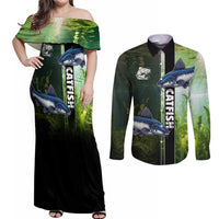 Custom Catfish Fishing Couples Matching Off Shoulder Maxi Dress and Long Sleeve Button Shirt with Underwater River Scene and Green Aquatic Pattern - Wonder Print Shop