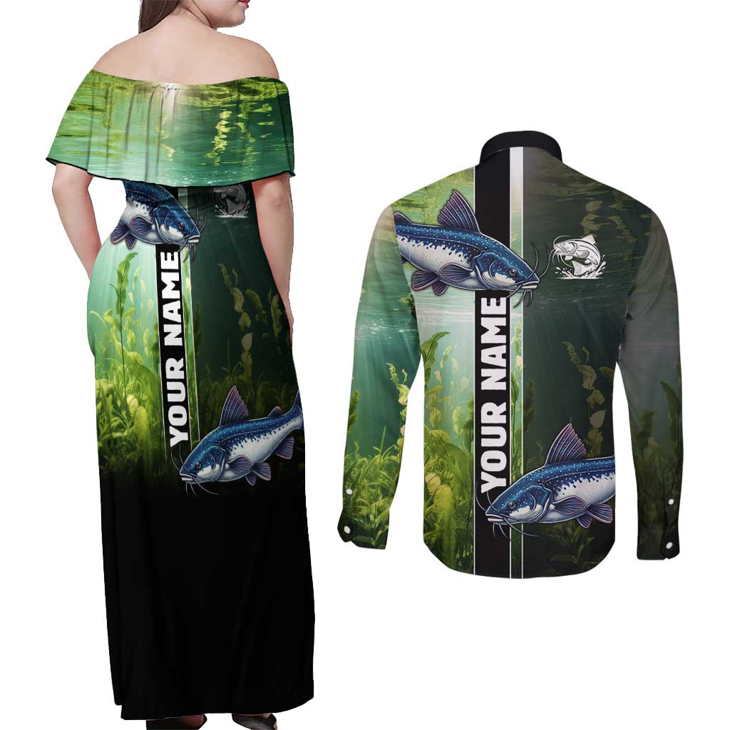 Custom Catfish Fishing Couples Matching Off Shoulder Maxi Dress and Long Sleeve Button Shirt with Underwater River Scene and Green Aquatic Pattern - Wonder Print Shop