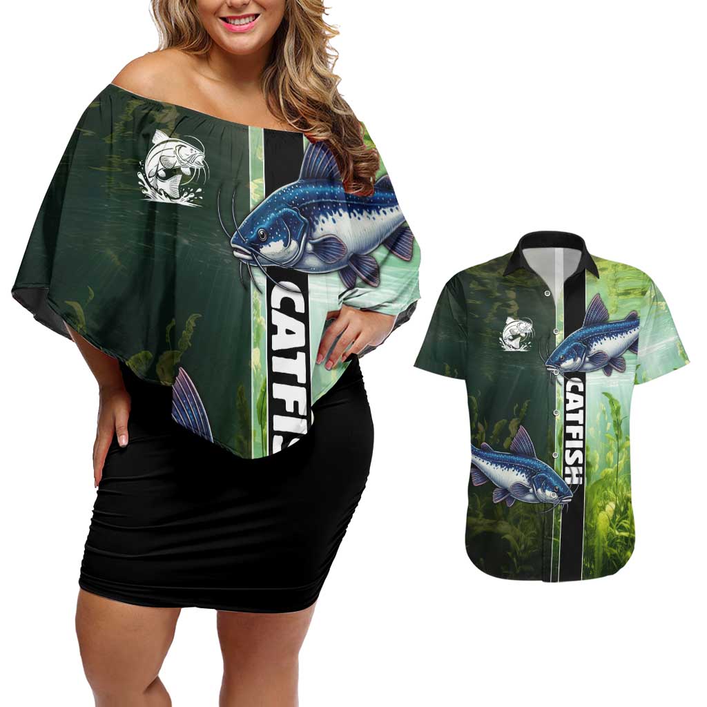 Custom Catfish Fishing Couples Matching Off Shoulder Short Dress and Hawaiian Shirt with Underwater River Scene and Green Aquatic Pattern - Wonder Print Shop