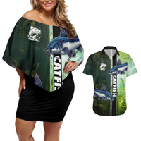 Custom Catfish Fishing Couples Matching Off Shoulder Short Dress and Hawaiian Shirt with Underwater River Scene and Green Aquatic Pattern - Wonder Print Shop
