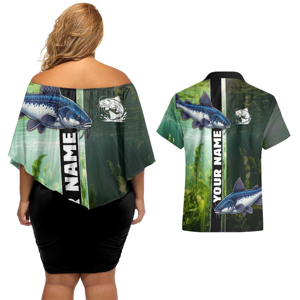 Custom Catfish Fishing Couples Matching Off Shoulder Short Dress and Hawaiian Shirt with Underwater River Scene and Green Aquatic Pattern - Wonder Print Shop