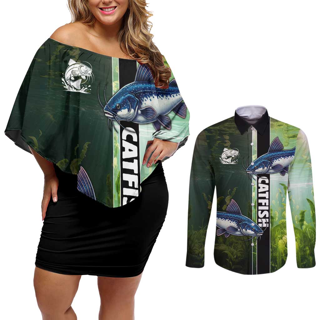 Custom Catfish Fishing Couples Matching Off Shoulder Short Dress and Long Sleeve Button Shirt with Underwater River Scene and Green Aquatic Pattern - Wonder Print Shop