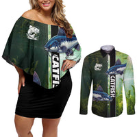 Custom Catfish Fishing Couples Matching Off Shoulder Short Dress and Long Sleeve Button Shirt with Underwater River Scene and Green Aquatic Pattern - Wonder Print Shop
