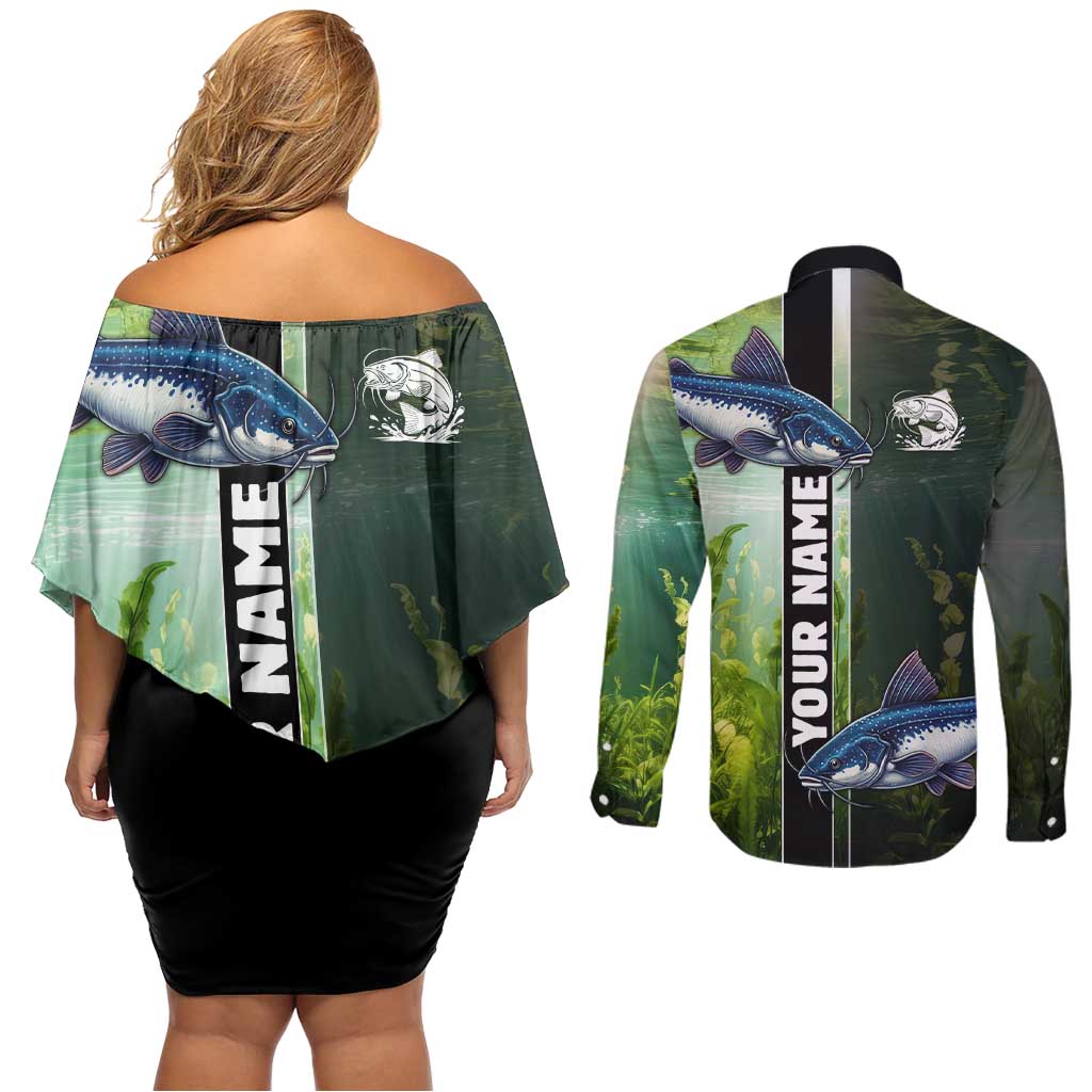 Custom Catfish Fishing Couples Matching Off Shoulder Short Dress and Long Sleeve Button Shirt with Underwater River Scene and Green Aquatic Pattern - Wonder Print Shop