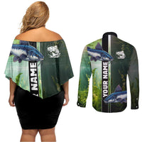 Custom Catfish Fishing Couples Matching Off Shoulder Short Dress and Long Sleeve Button Shirt with Underwater River Scene and Green Aquatic Pattern - Wonder Print Shop