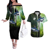 Custom Catfish Fishing Couples Matching Off The Shoulder Long Sleeve Dress and Hawaiian Shirt with Underwater River Scene and Green Aquatic Pattern - Wonder Print Shop