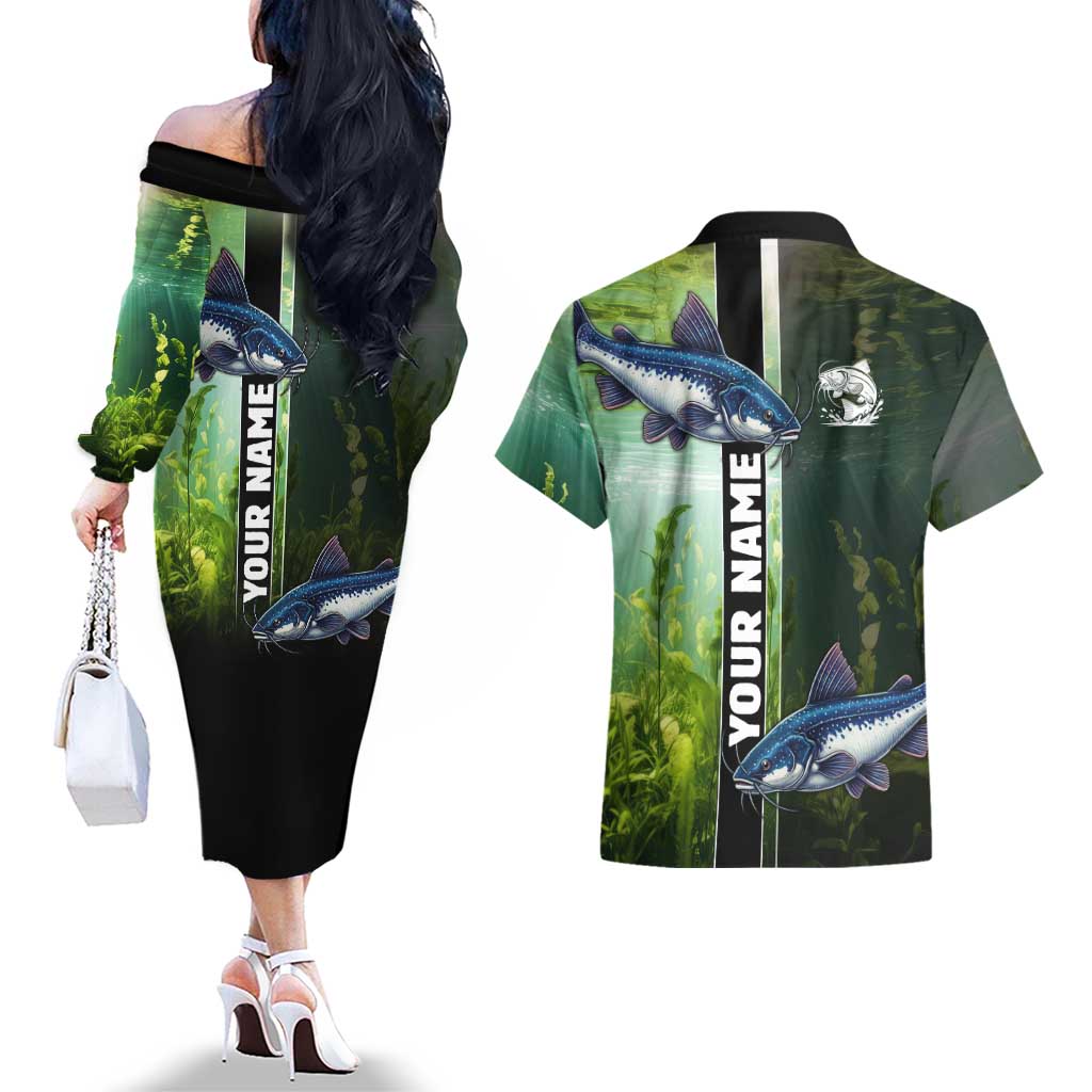 Custom Catfish Fishing Couples Matching Off The Shoulder Long Sleeve Dress and Hawaiian Shirt with Underwater River Scene and Green Aquatic Pattern - Wonder Print Shop