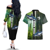 Custom Catfish Fishing Couples Matching Off The Shoulder Long Sleeve Dress and Hawaiian Shirt with Underwater River Scene and Green Aquatic Pattern - Wonder Print Shop