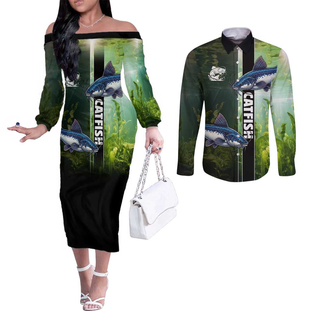 Custom Catfish Fishing Couples Matching Off The Shoulder Long Sleeve Dress and Long Sleeve Button Shirt with Underwater River Scene and Green Aquatic Pattern - Wonder Print Shop
