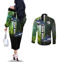 Custom Catfish Fishing Couples Matching Off The Shoulder Long Sleeve Dress and Long Sleeve Button Shirt with Underwater River Scene and Green Aquatic Pattern - Wonder Print Shop