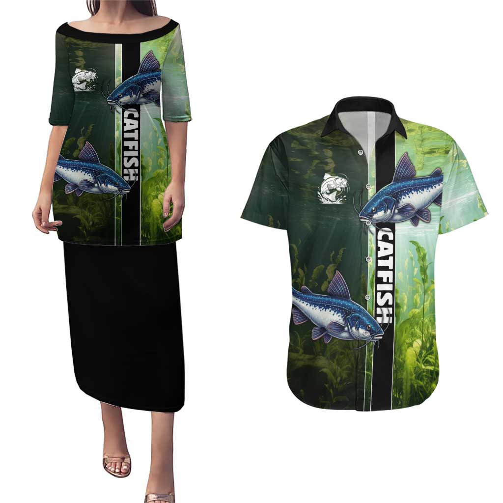 Custom Catfish Fishing Couples Matching Puletasi and Hawaiian Shirt with Underwater River Scene and Green Aquatic Pattern - Wonder Print Shop