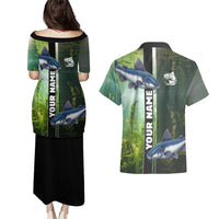Custom Catfish Fishing Couples Matching Puletasi and Hawaiian Shirt with Underwater River Scene and Green Aquatic Pattern - Wonder Print Shop