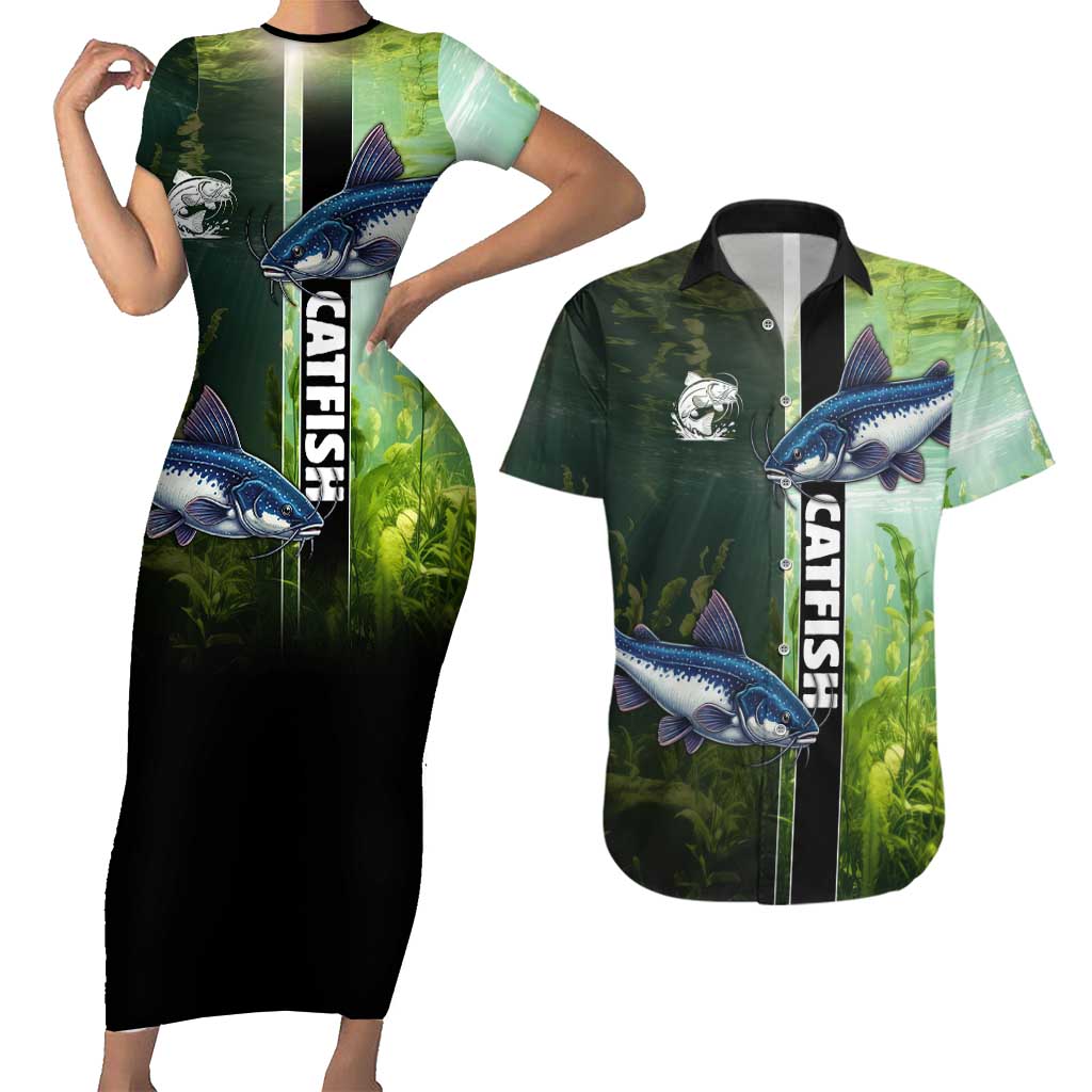 Custom Catfish Fishing Couples Matching Short Sleeve Bodycon Dress and Hawaiian Shirt with Underwater River Scene and Green Aquatic Pattern - Wonder Print Shop