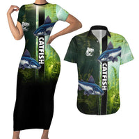 Custom Catfish Fishing Couples Matching Short Sleeve Bodycon Dress and Hawaiian Shirt with Underwater River Scene and Green Aquatic Pattern - Wonder Print Shop