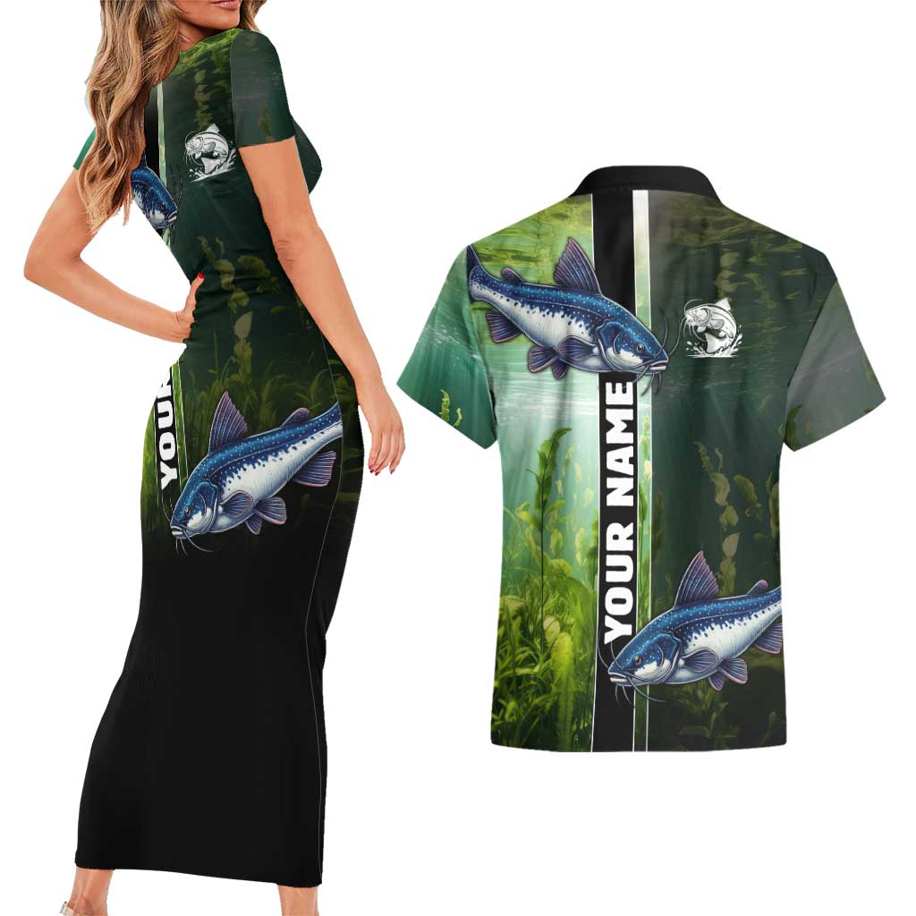 Custom Catfish Fishing Couples Matching Short Sleeve Bodycon Dress and Hawaiian Shirt with Underwater River Scene and Green Aquatic Pattern - Wonder Print Shop