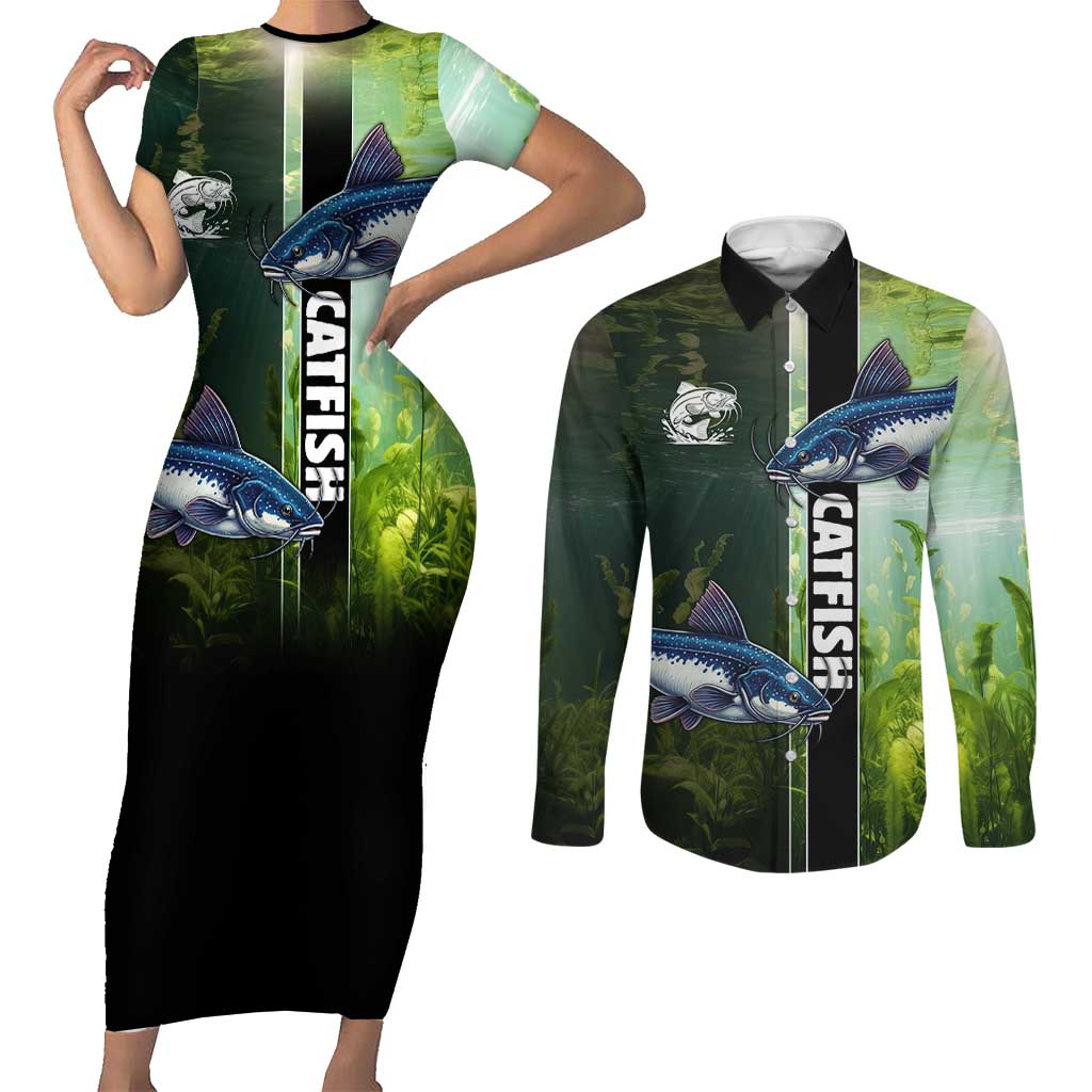 Custom Catfish Fishing Couples Matching Short Sleeve Bodycon Dress and Long Sleeve Button Shirt with Underwater River Scene and Green Aquatic Pattern - Wonder Print Shop