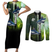 Custom Catfish Fishing Couples Matching Short Sleeve Bodycon Dress and Long Sleeve Button Shirt with Underwater River Scene and Green Aquatic Pattern - Wonder Print Shop