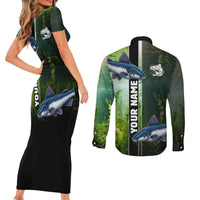 Custom Catfish Fishing Couples Matching Short Sleeve Bodycon Dress and Long Sleeve Button Shirt with Underwater River Scene and Green Aquatic Pattern - Wonder Print Shop