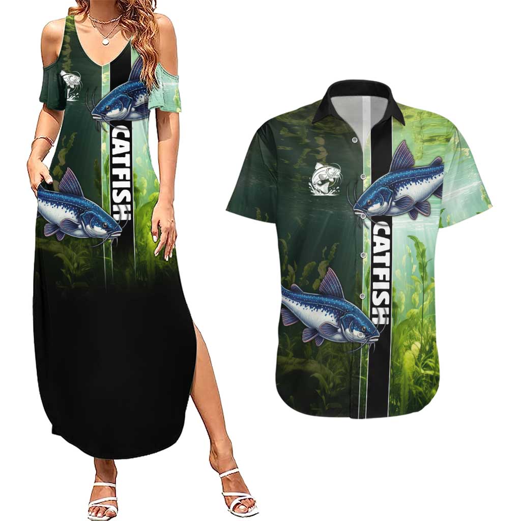Custom Catfish Fishing Couples Matching Summer Maxi Dress and Hawaiian Shirt with Underwater River Scene and Green Aquatic Pattern - Wonder Print Shop