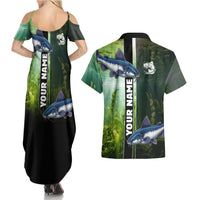 Custom Catfish Fishing Couples Matching Summer Maxi Dress and Hawaiian Shirt with Underwater River Scene and Green Aquatic Pattern - Wonder Print Shop