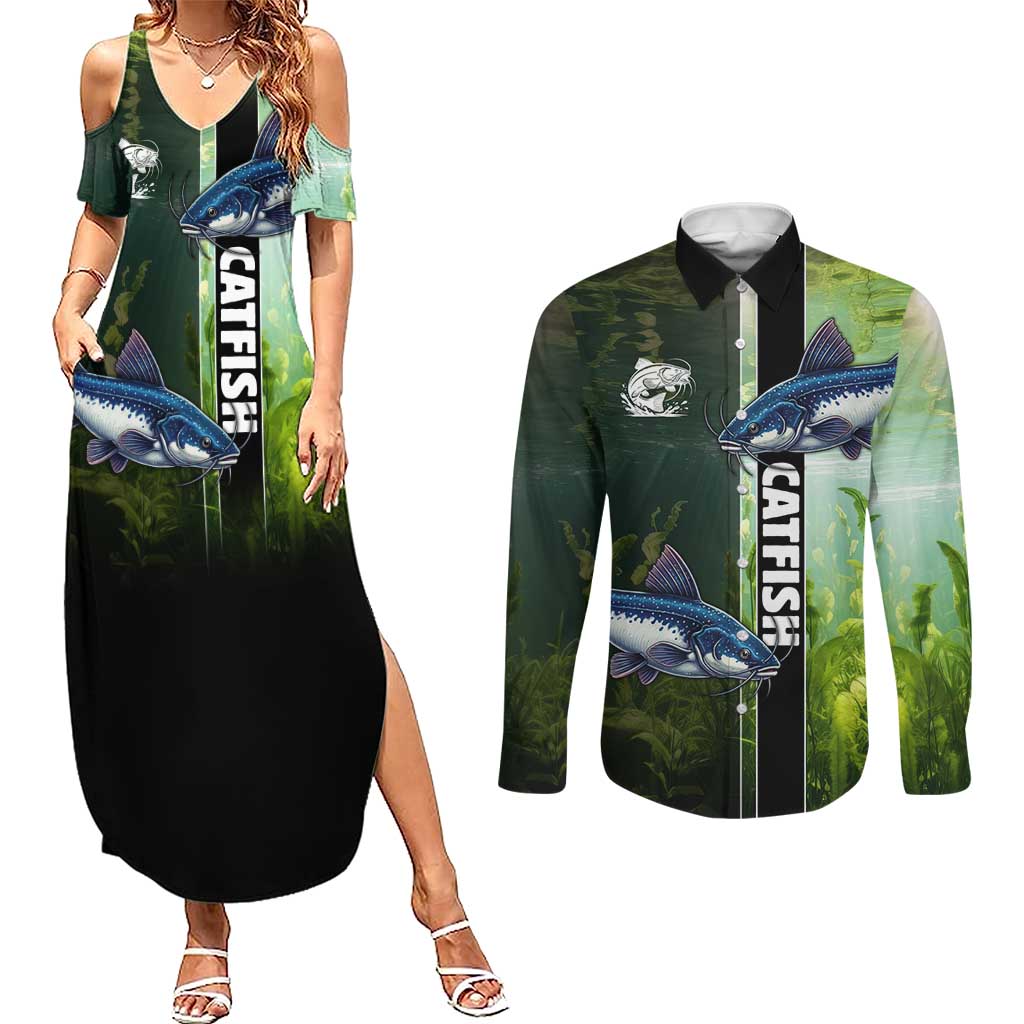Custom Catfish Fishing Couples Matching Summer Maxi Dress and Long Sleeve Button Shirt with Underwater River Scene and Green Aquatic Pattern - Wonder Print Shop