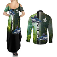 Custom Catfish Fishing Couples Matching Summer Maxi Dress and Long Sleeve Button Shirt with Underwater River Scene and Green Aquatic Pattern - Wonder Print Shop