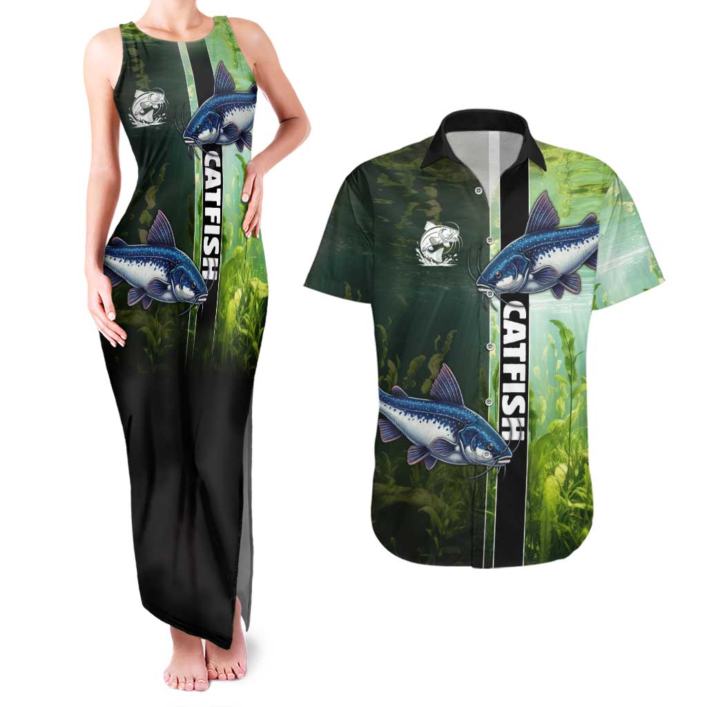 Custom Catfish Fishing Couples Matching Tank Maxi Dress and Hawaiian Shirt with Underwater River Scene and Green Aquatic Pattern - Wonder Print Shop