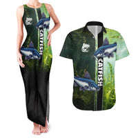 Custom Catfish Fishing Couples Matching Tank Maxi Dress and Hawaiian Shirt with Underwater River Scene and Green Aquatic Pattern - Wonder Print Shop