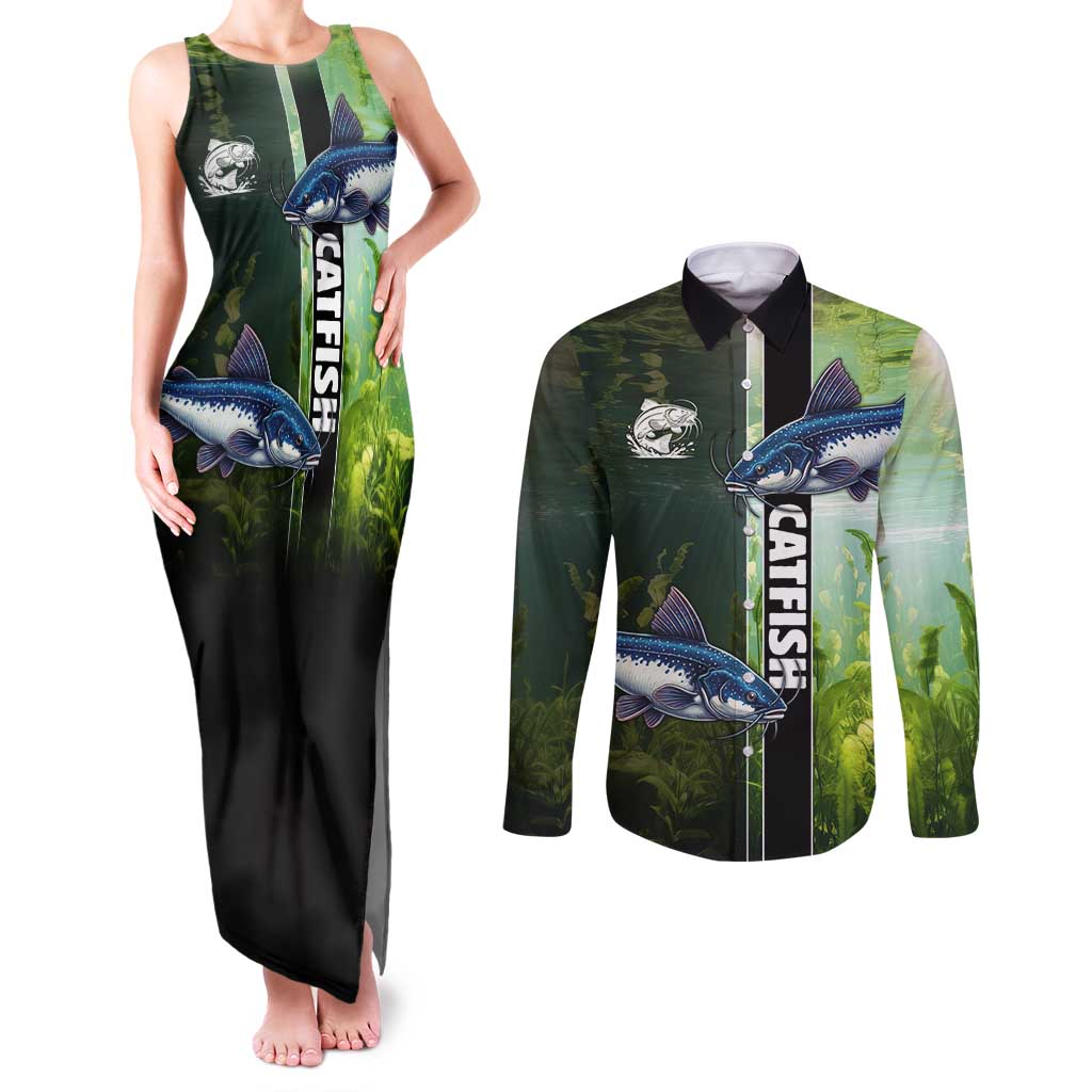 Custom Catfish Fishing Couples Matching Tank Maxi Dress and Long Sleeve Button Shirt with Underwater River Scene and Green Aquatic Pattern - Wonder Print Shop