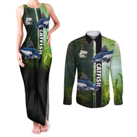 Custom Catfish Fishing Couples Matching Tank Maxi Dress and Long Sleeve Button Shirt with Underwater River Scene and Green Aquatic Pattern - Wonder Print Shop