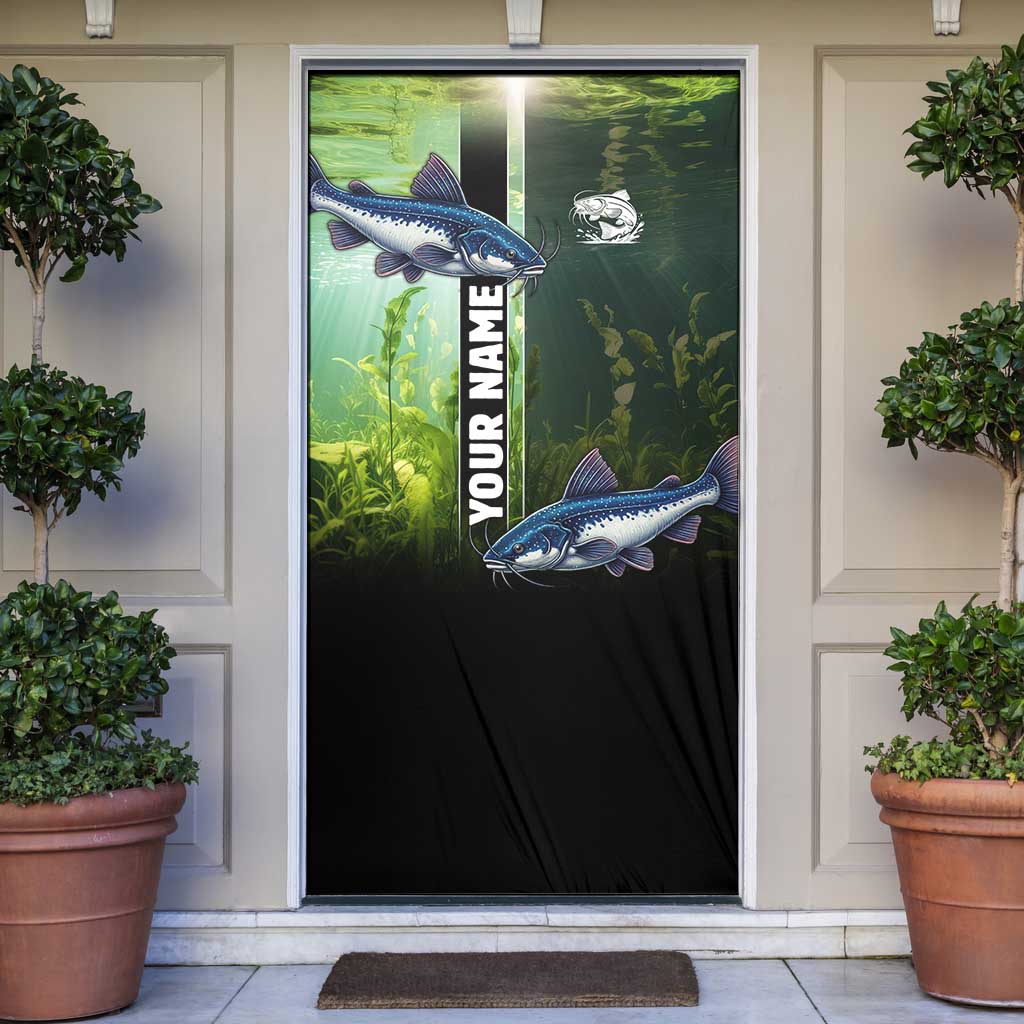 Custom Catfish Fishing Door Cover with Underwater River Scene and Green Aquatic Pattern - Wonder Print Shop