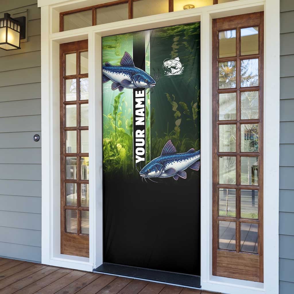 Custom Catfish Fishing Door Cover with Underwater River Scene and Green Aquatic Pattern - Wonder Print Shop