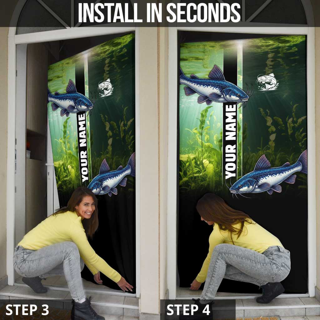 Custom Catfish Fishing Door Cover with Underwater River Scene and Green Aquatic Pattern - Wonder Print Shop