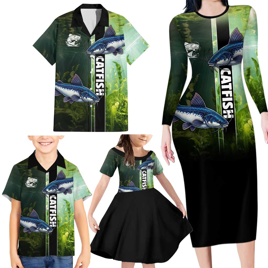 Custom Catfish Fishing Family Matching Long Sleeve Bodycon Dress and Hawaiian Shirt with Underwater River Scene and Green Aquatic Pattern - Wonder Print Shop