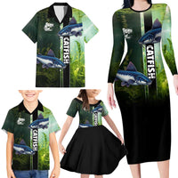 Custom Catfish Fishing Family Matching Long Sleeve Bodycon Dress and Hawaiian Shirt with Underwater River Scene and Green Aquatic Pattern - Wonder Print Shop