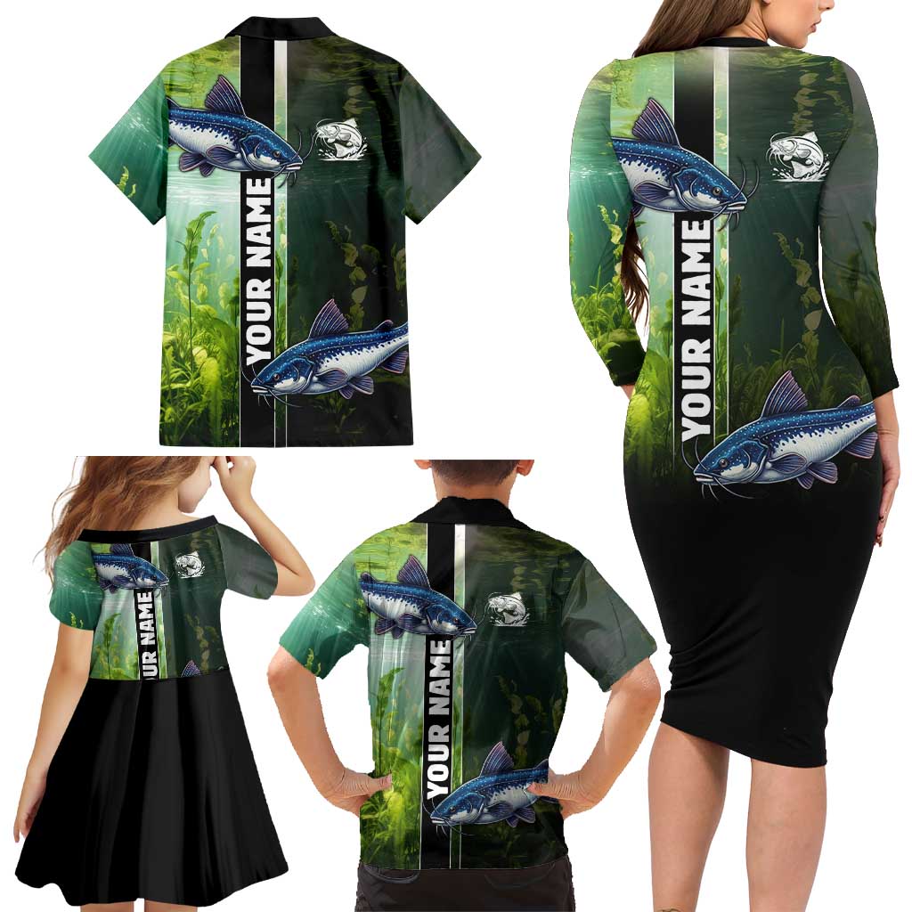 Custom Catfish Fishing Family Matching Long Sleeve Bodycon Dress and Hawaiian Shirt with Underwater River Scene and Green Aquatic Pattern - Wonder Print Shop