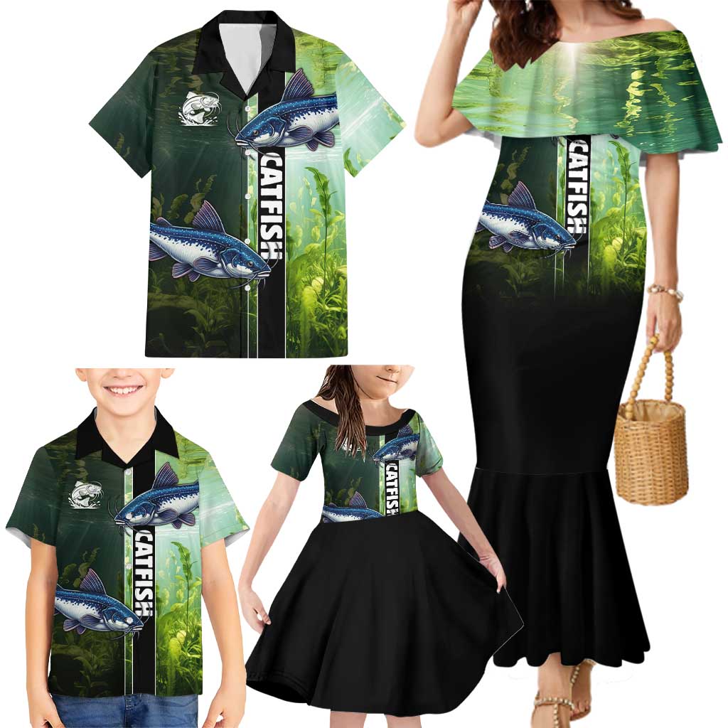 Custom Catfish Fishing Family Matching Mermaid Dress and Hawaiian Shirt with Underwater River Scene and Green Aquatic Pattern - Wonder Print Shop