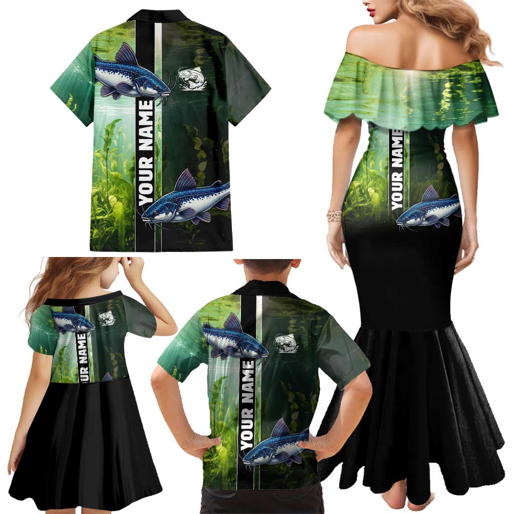 Custom Catfish Fishing Family Matching Mermaid Dress and Hawaiian Shirt with Underwater River Scene and Green Aquatic Pattern - Wonder Print Shop