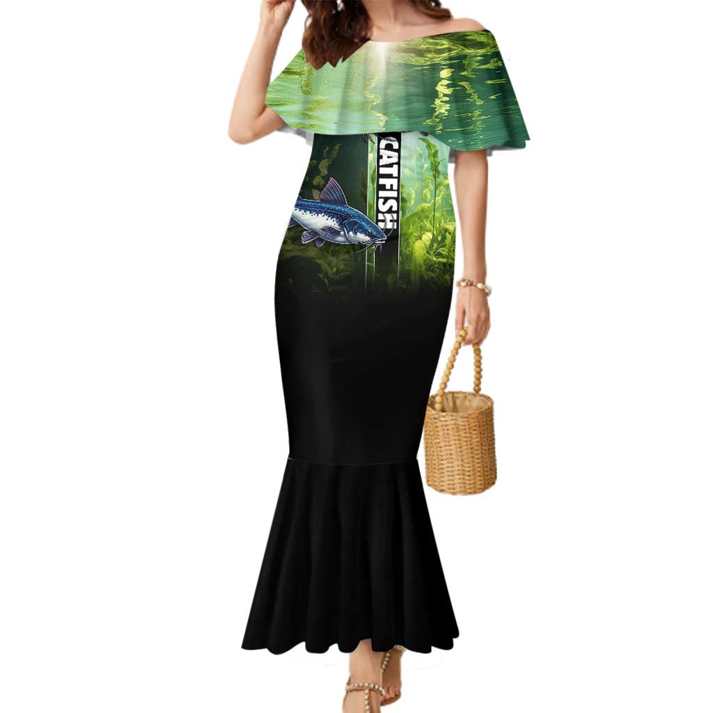 Custom Catfish Fishing Family Matching Mermaid Dress and Hawaiian Shirt with Underwater River Scene and Green Aquatic Pattern - Wonder Print Shop
