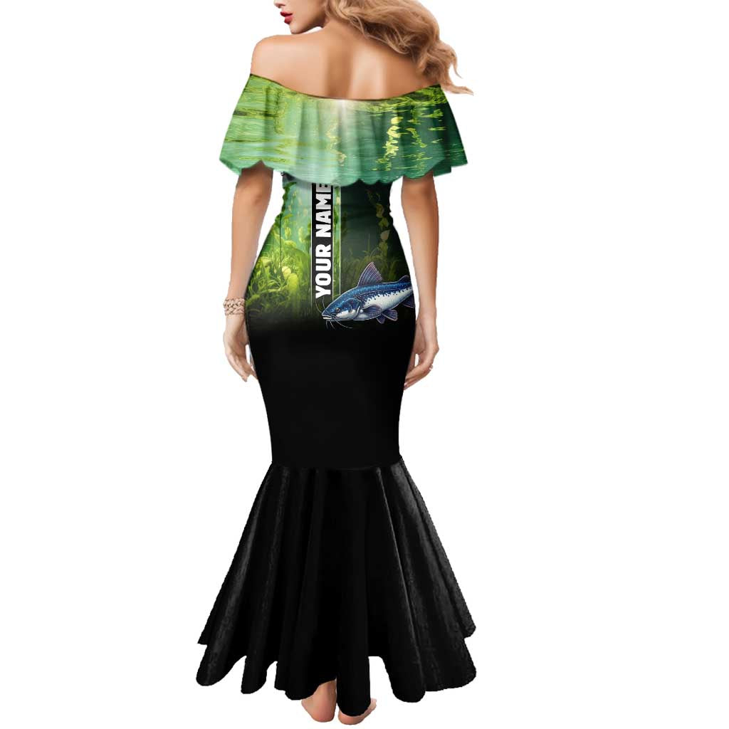 Custom Catfish Fishing Family Matching Mermaid Dress and Hawaiian Shirt with Underwater River Scene and Green Aquatic Pattern - Wonder Print Shop