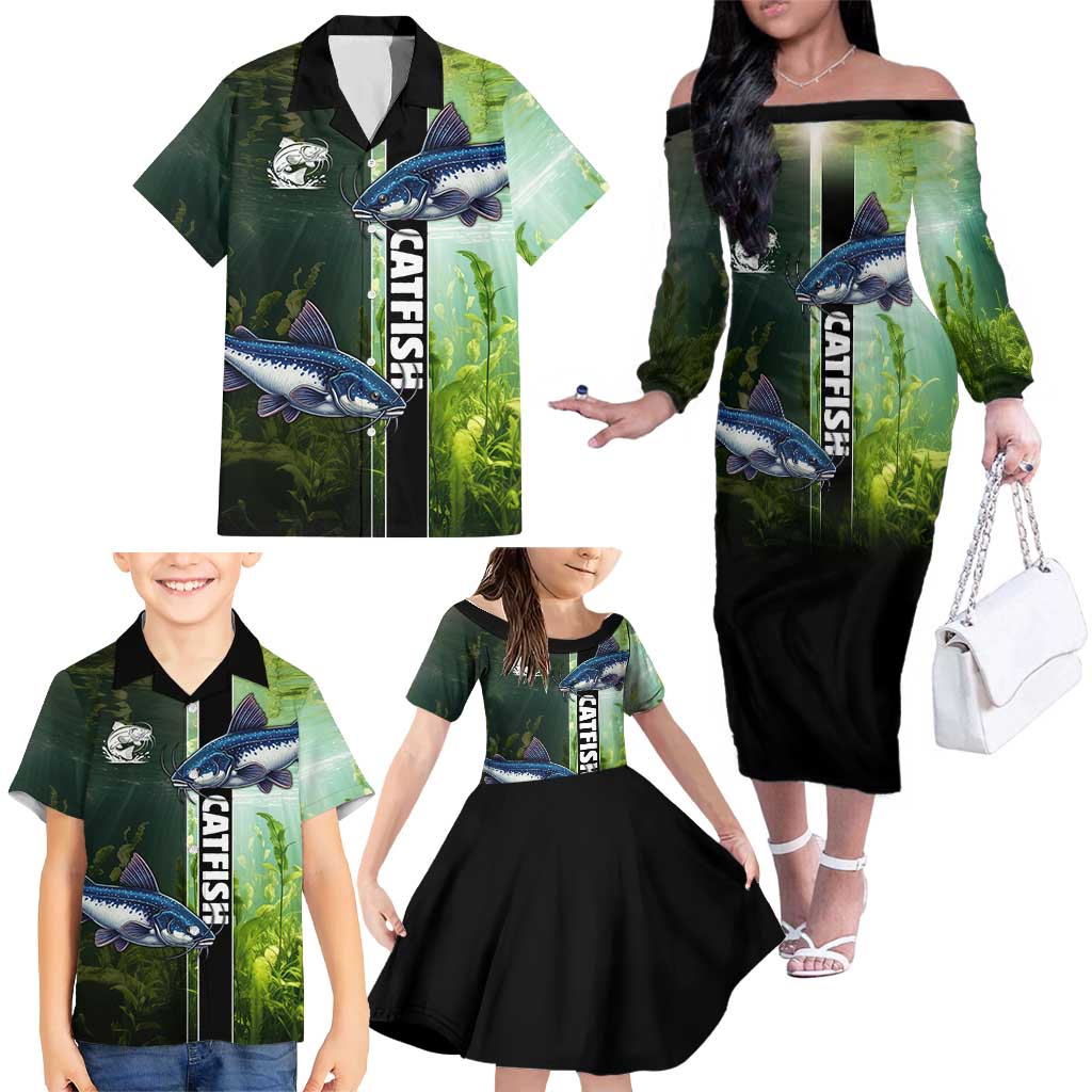 Custom Catfish Fishing Family Matching Off The Shoulder Long Sleeve Dress and Hawaiian Shirt with Underwater River Scene and Green Aquatic Pattern - Wonder Print Shop