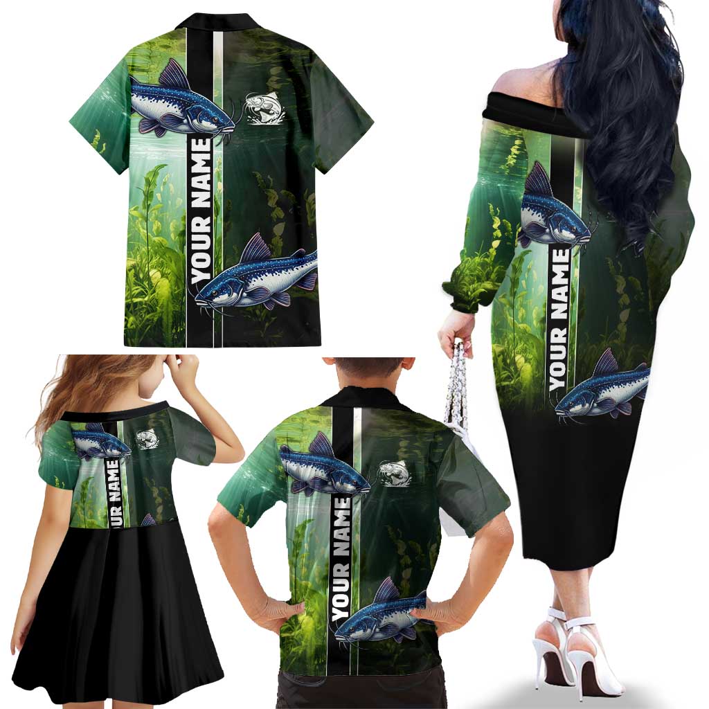 Custom Catfish Fishing Family Matching Off The Shoulder Long Sleeve Dress and Hawaiian Shirt with Underwater River Scene and Green Aquatic Pattern - Wonder Print Shop
