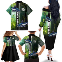 Custom Catfish Fishing Family Matching Off The Shoulder Long Sleeve Dress and Hawaiian Shirt with Underwater River Scene and Green Aquatic Pattern - Wonder Print Shop
