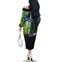Custom Catfish Fishing Family Matching Off The Shoulder Long Sleeve Dress and Hawaiian Shirt with Underwater River Scene and Green Aquatic Pattern - Wonder Print Shop