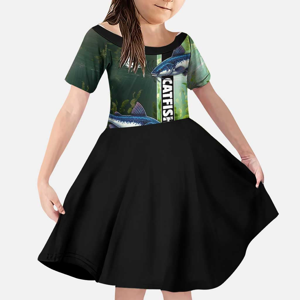 Custom Catfish Fishing Family Matching Off Shoulder Maxi Dress and Hawaiian Shirt with Underwater River Scene and Green Aquatic Pattern - Wonder Print Shop