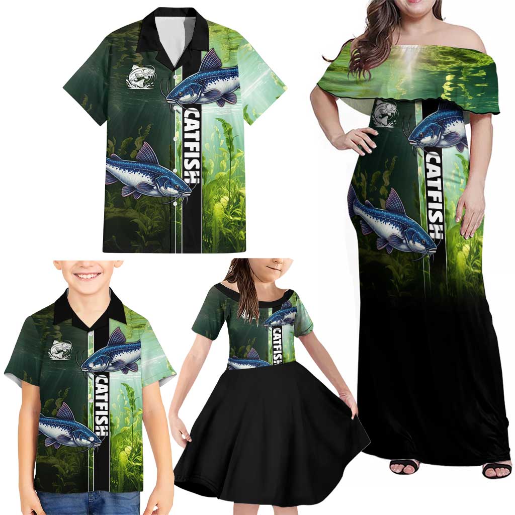 Custom Catfish Fishing Family Matching Off Shoulder Maxi Dress and Hawaiian Shirt with Underwater River Scene and Green Aquatic Pattern - Wonder Print Shop