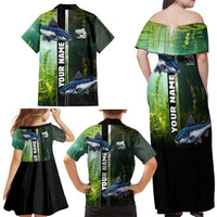Custom Catfish Fishing Family Matching Off Shoulder Maxi Dress and Hawaiian Shirt with Underwater River Scene and Green Aquatic Pattern - Wonder Print Shop