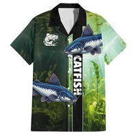 Custom Catfish Fishing Family Matching Off Shoulder Maxi Dress and Hawaiian Shirt with Underwater River Scene and Green Aquatic Pattern - Wonder Print Shop